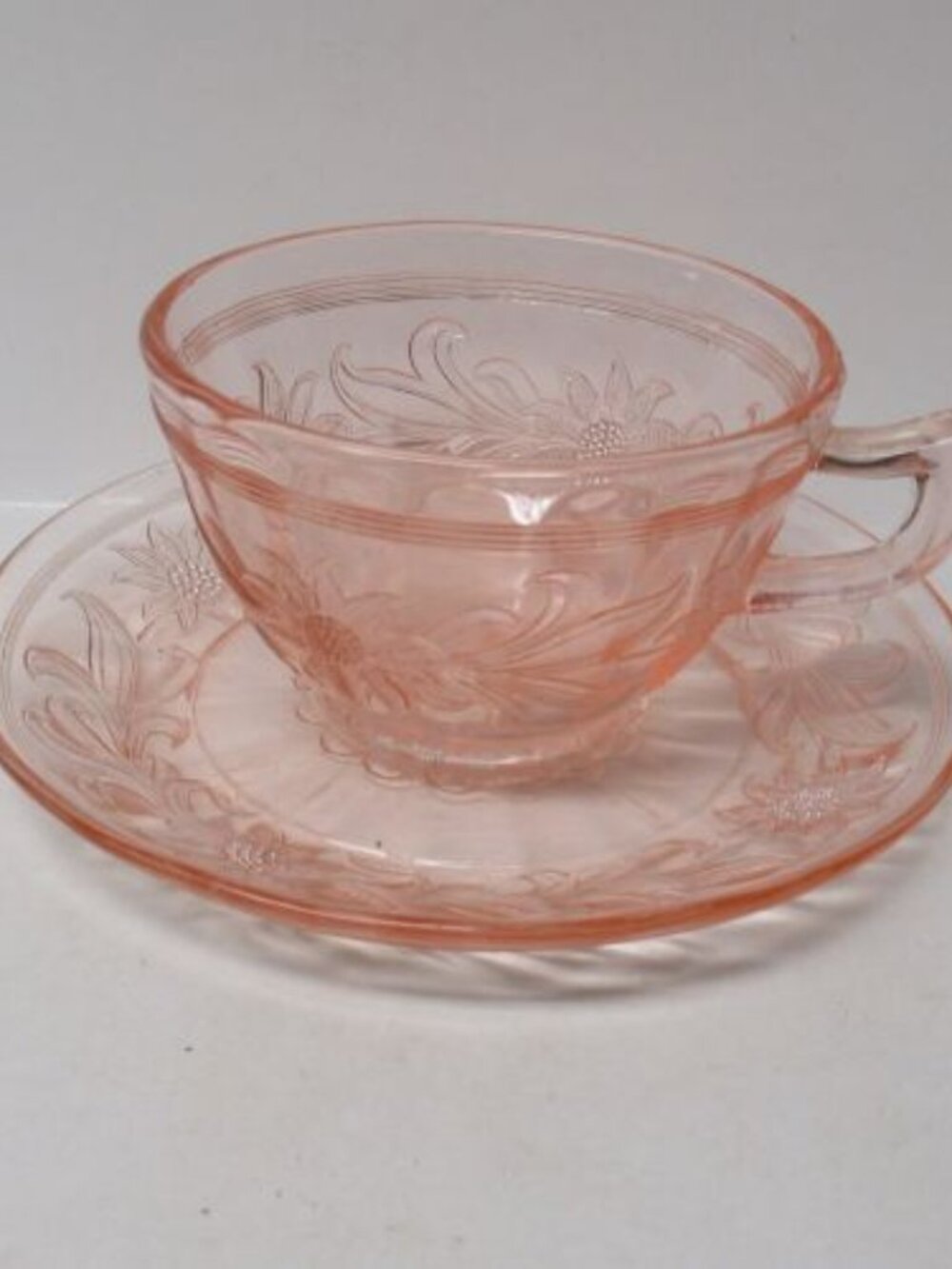 Jeannette Depression Glass Pink SUNFLOWER Tea or Coffee Cup and Saucer